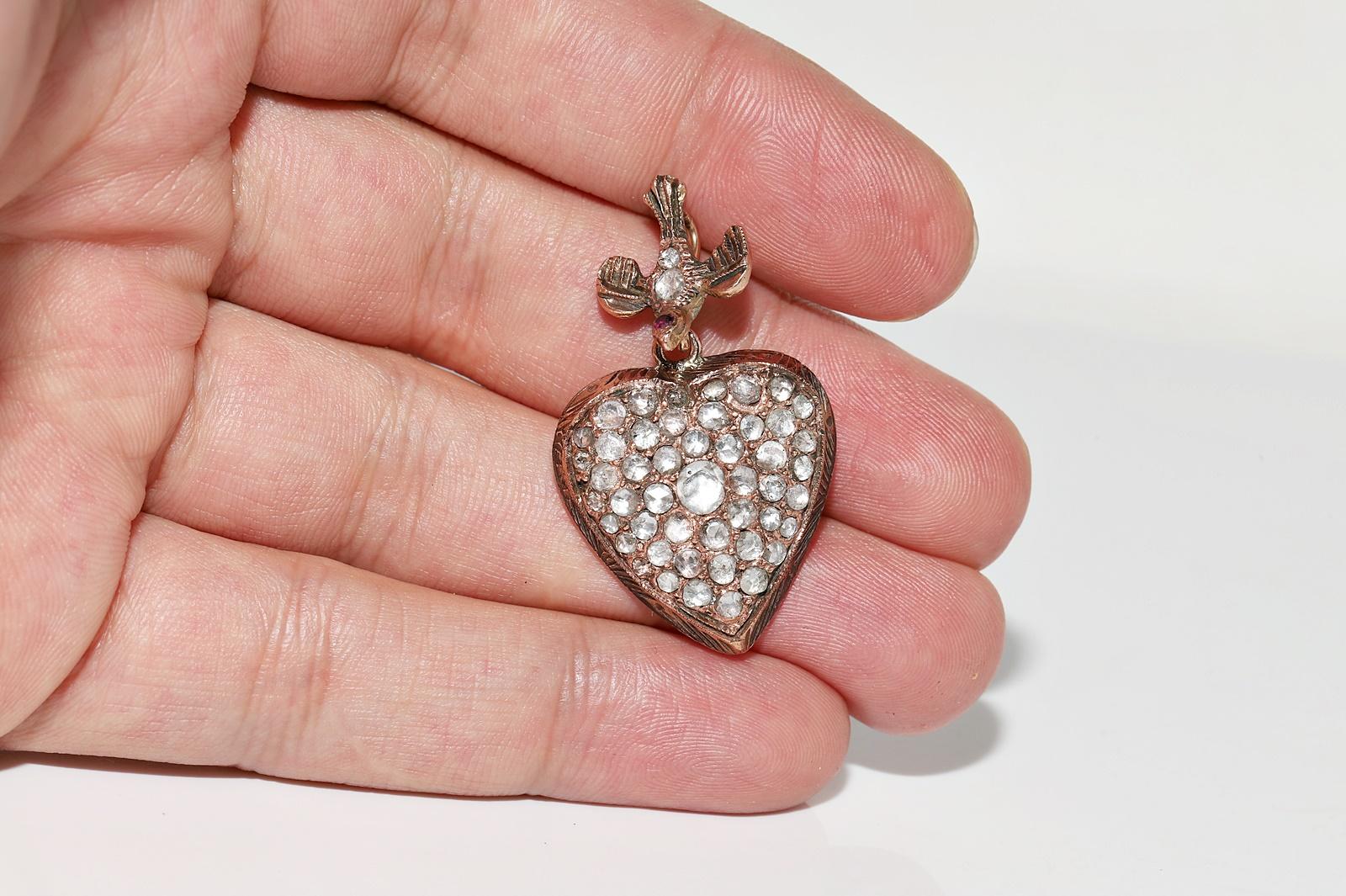 Antique Circa 1900s 8k Gold Natural Rose Cut Diamond Heart Bird Pendant  For Sale 6