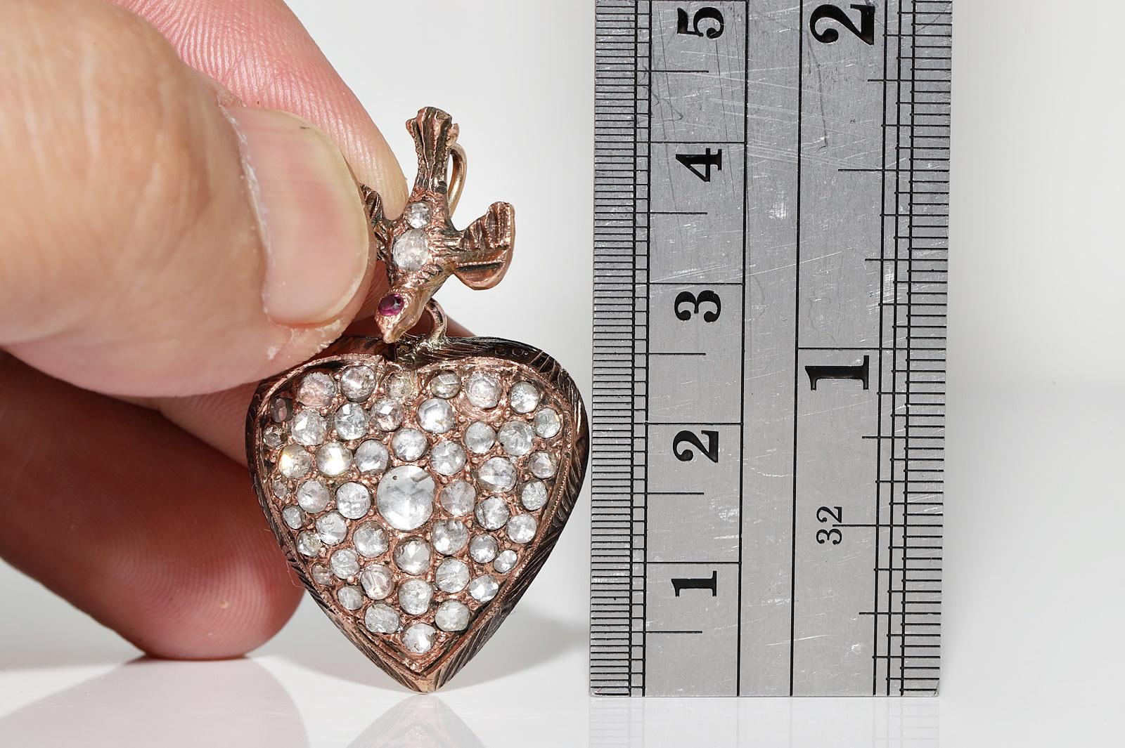 Retro Antique Circa 1900s 8k Gold Natural Rose Cut Diamond Heart Bird Pendant  For Sale