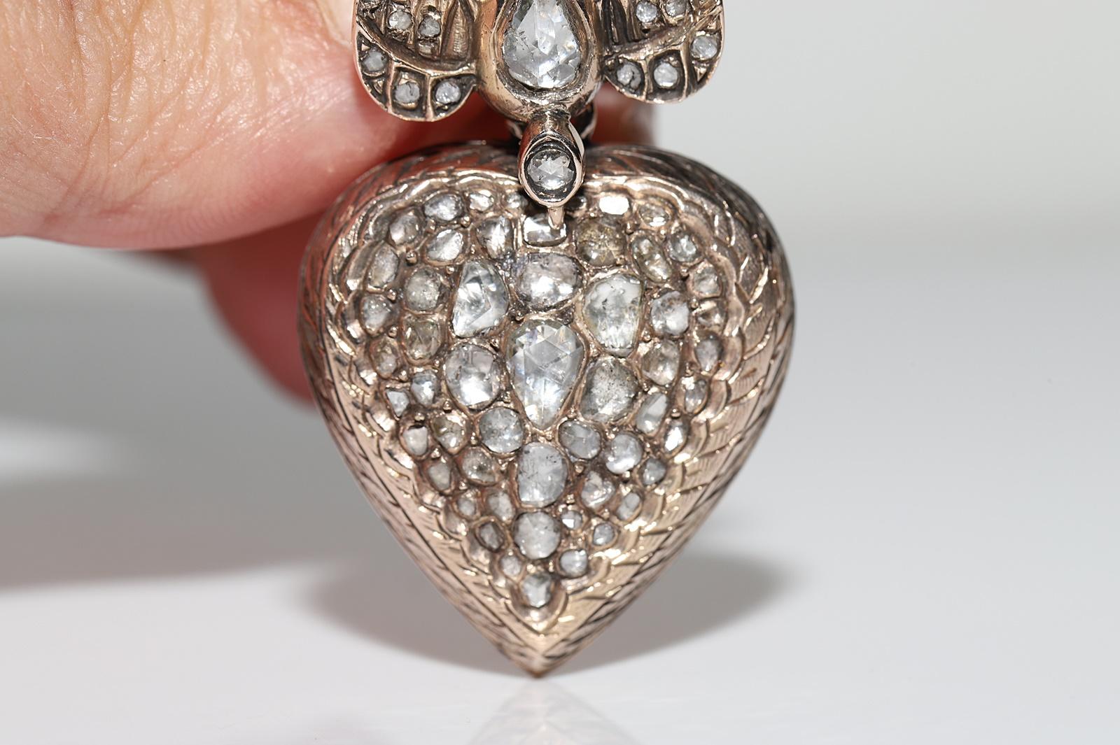 Antique Circa 1900s 8k Gold Natural Rose Cut Diamond  Heart Bird Pendant In Good Condition For Sale In Fatih/İstanbul, 34