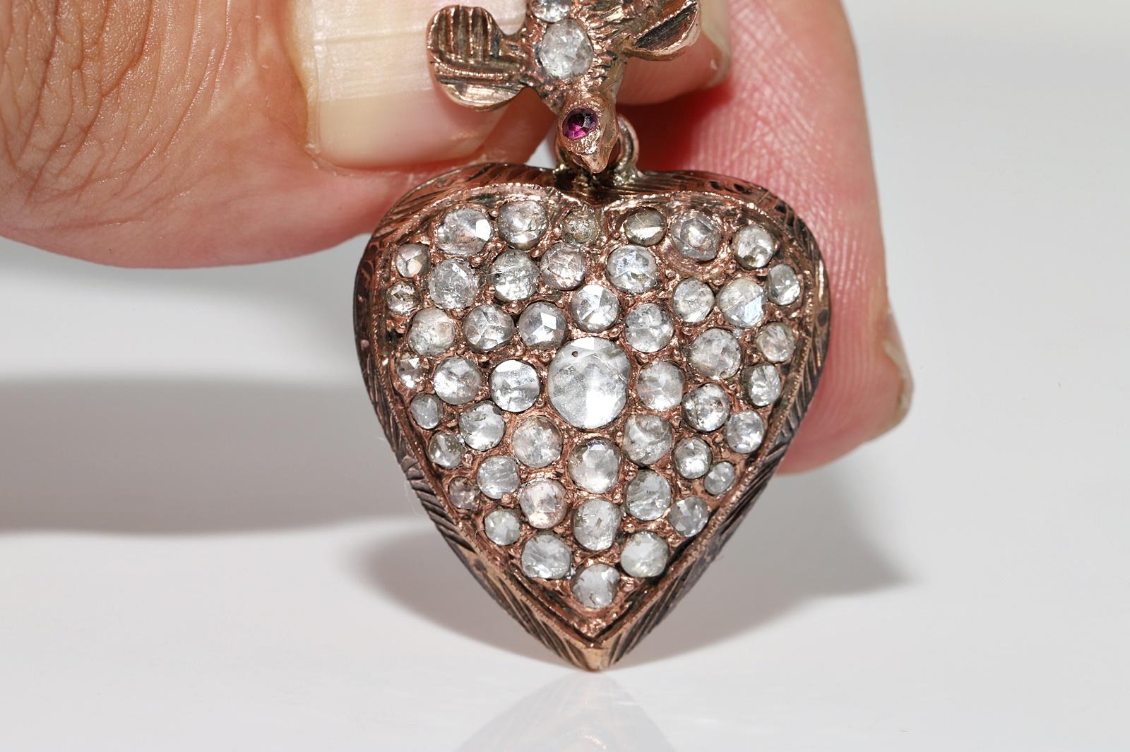 Women's Antique Circa 1900s 8k Gold Natural Rose Cut Diamond Heart Bird Pendant  For Sale