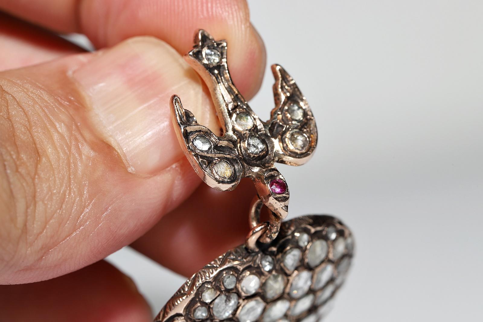 Antike CIRCA 1900s 8k Gold natürlichen Rosenschliff Diamant Herz Vogel  Anhänger 1