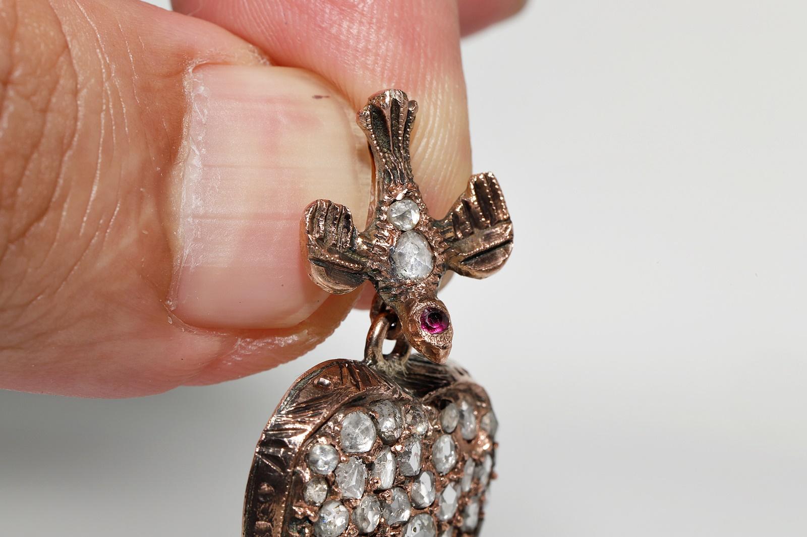 Antique Circa 1900s 8k Gold Natural Rose Cut Diamond Heart Bird Pendant  For Sale 2
