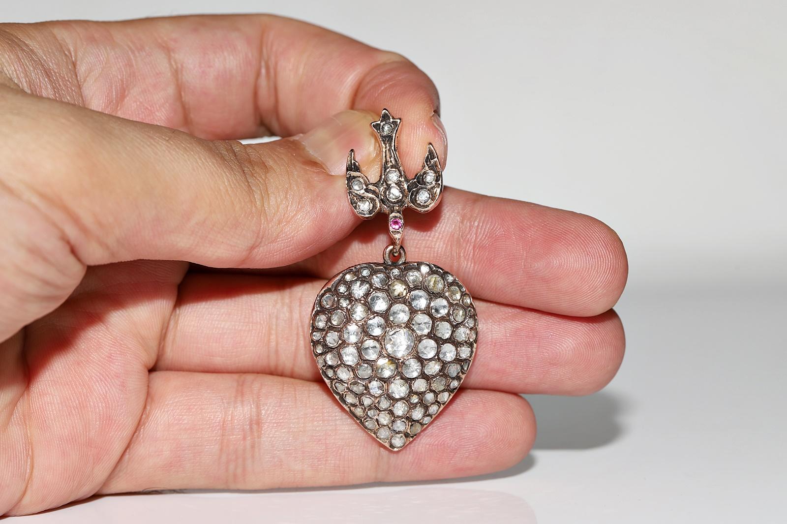 Antike CIRCA 1900s 8k Gold natürlichen Rosenschliff Diamant Herz Vogel  Anhänger 4