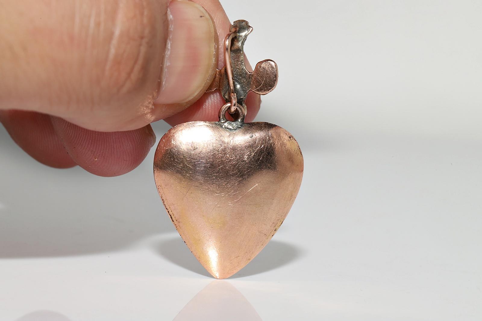 Pendentif ancien des années 1900 en or 8k avec diamants naturels taille rose en forme de cœur d'oiseau en vente 3