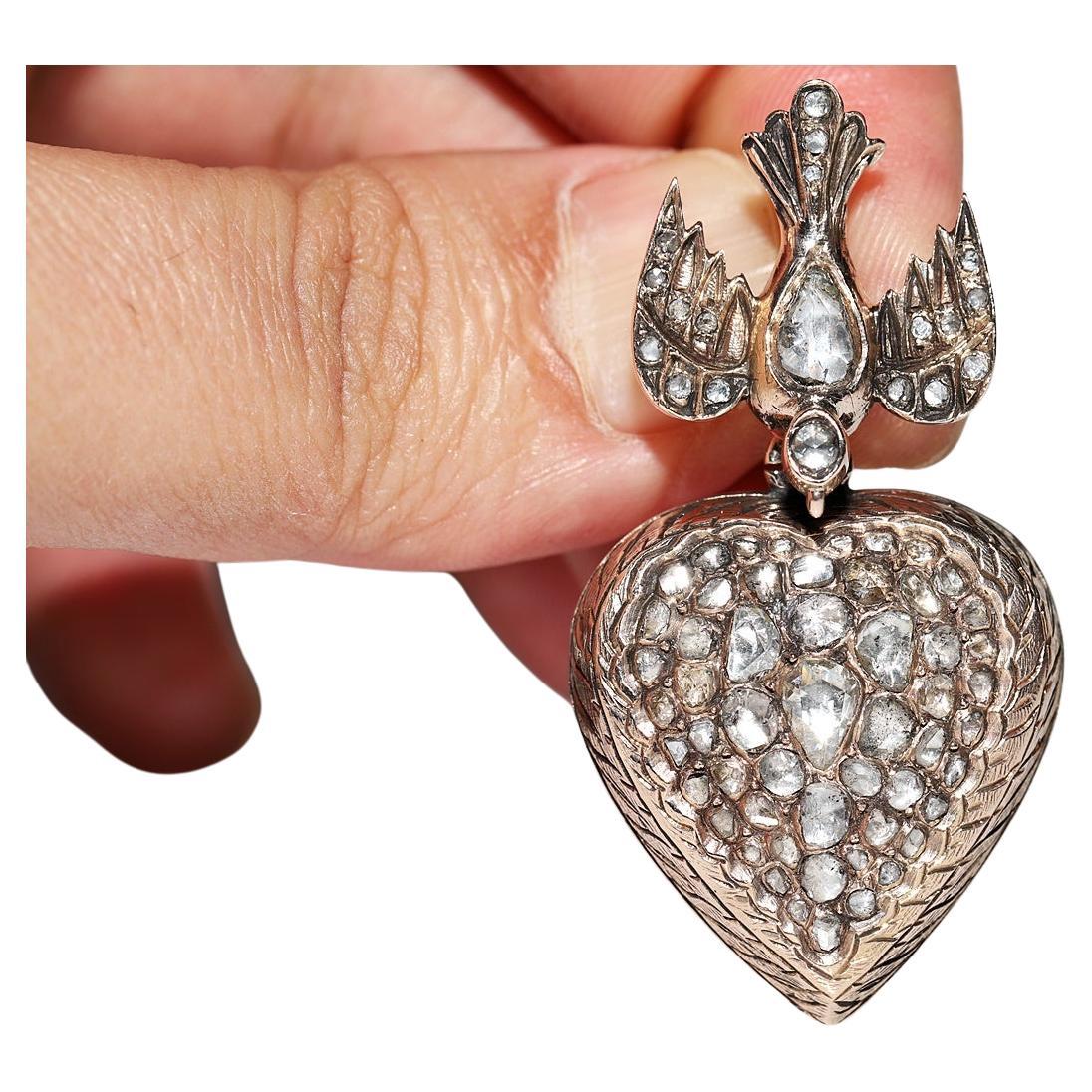 Antique Circa 1900s 8k Gold Natural Rose Cut Diamond  Heart Bird Pendant For Sale