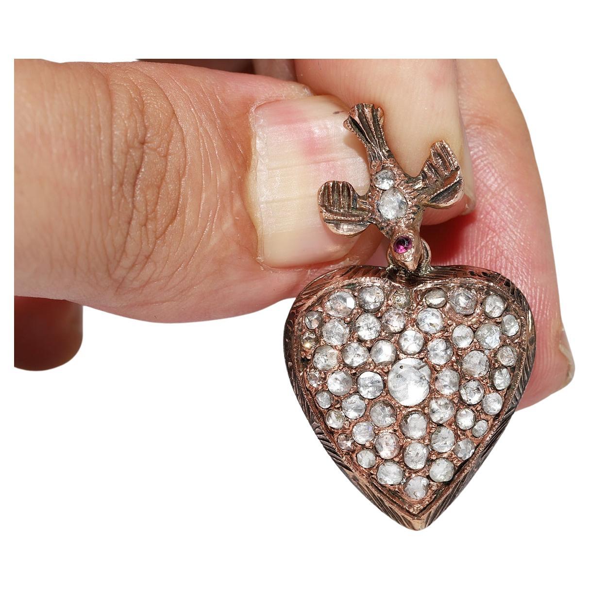 Antique Circa 1900s 8k Gold Natural Rose Cut Diamond Heart Bird Pendant  For Sale