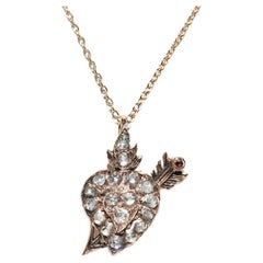 Antique Circa 1900s 8k Gold Natural Rose Cut Diamond Heart Pendant Necklace