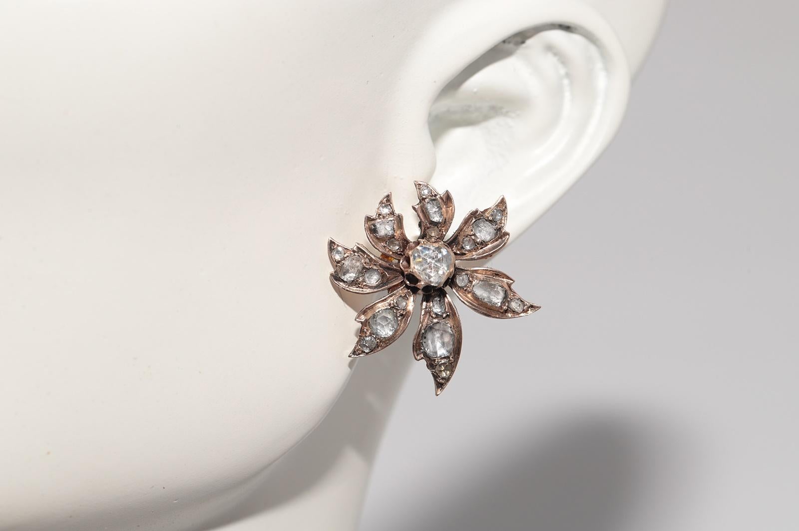 Antiguo pendiente de oro de 8 quilates con diamante natural talla rosa y diseño de hoja de 1900 en venta 7