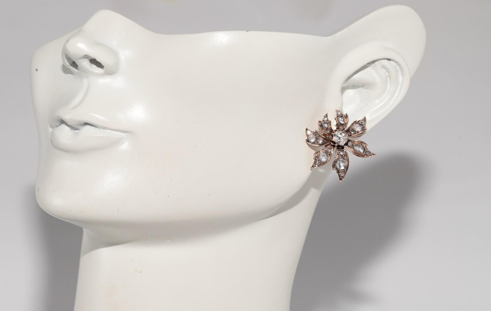 Antiguo pendiente de oro de 8 quilates con diamante natural talla rosa y diseño de hoja de 1900 en venta 8
