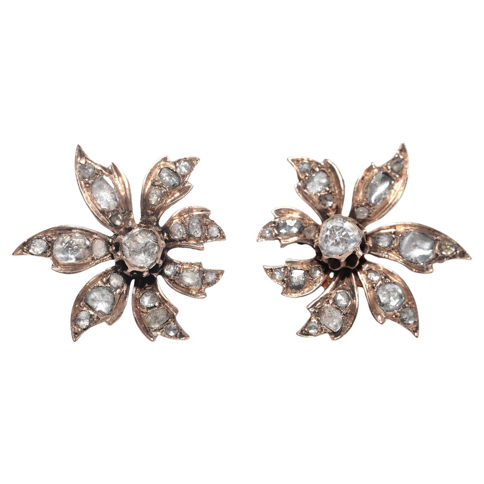 Antiguo pendiente de oro de 8 quilates con diamante natural talla rosa y diseño de hoja de 1900 en venta