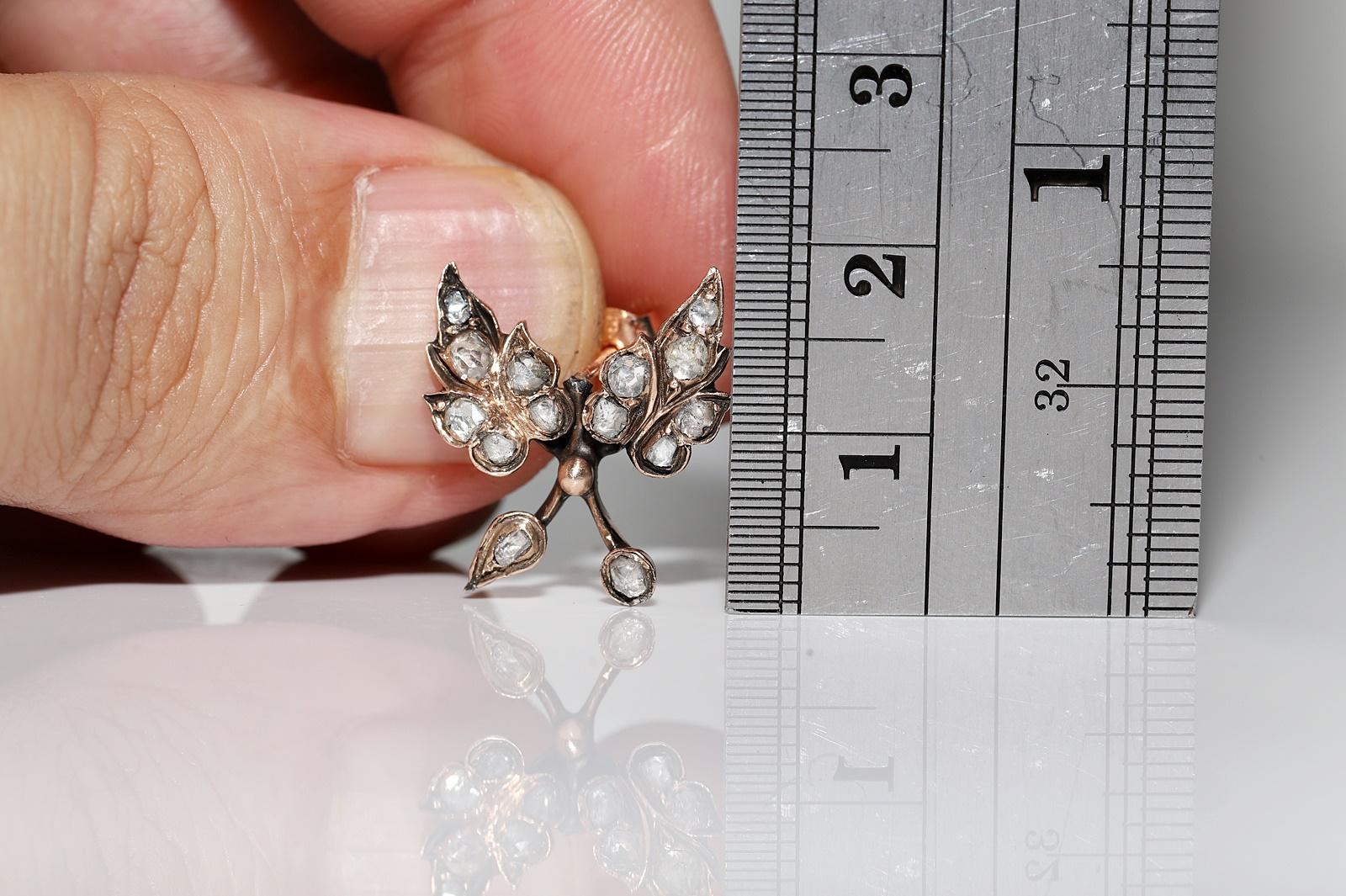 Boucles d'oreilles anciennes en or 8k Circa 1900, diamant naturel taillé en rose, style feuille en vente 5