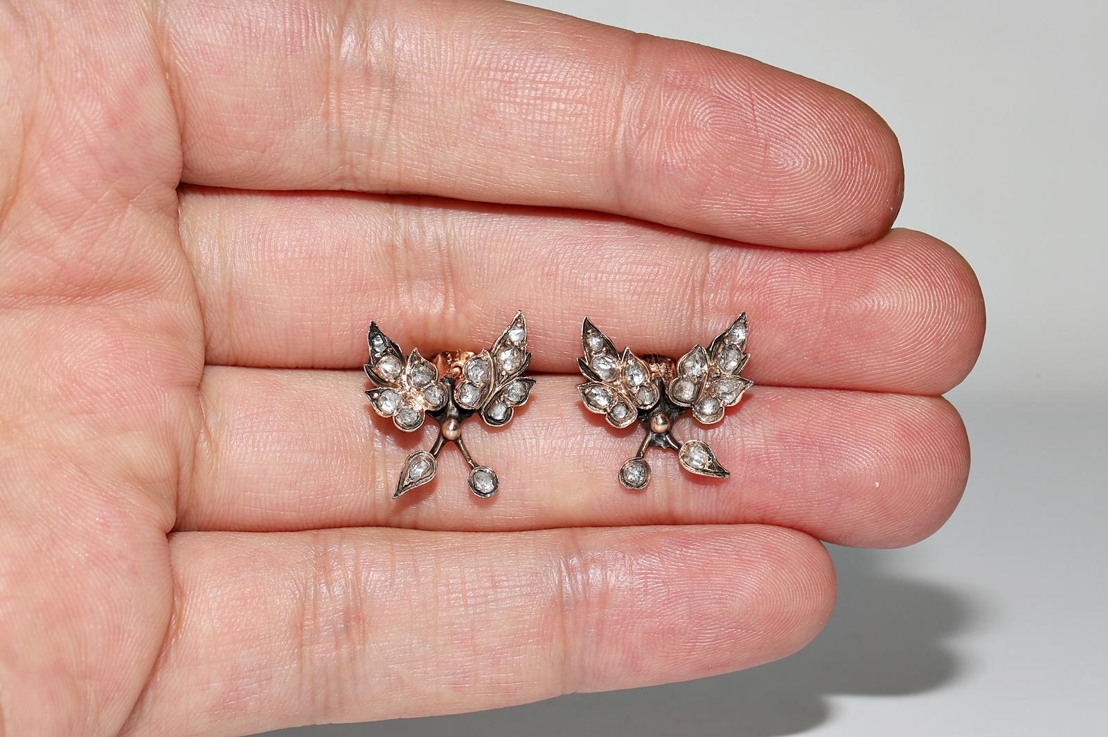 Boucles d'oreilles anciennes en or 8k Circa 1900, diamant naturel taillé en rose, style feuille en vente 6