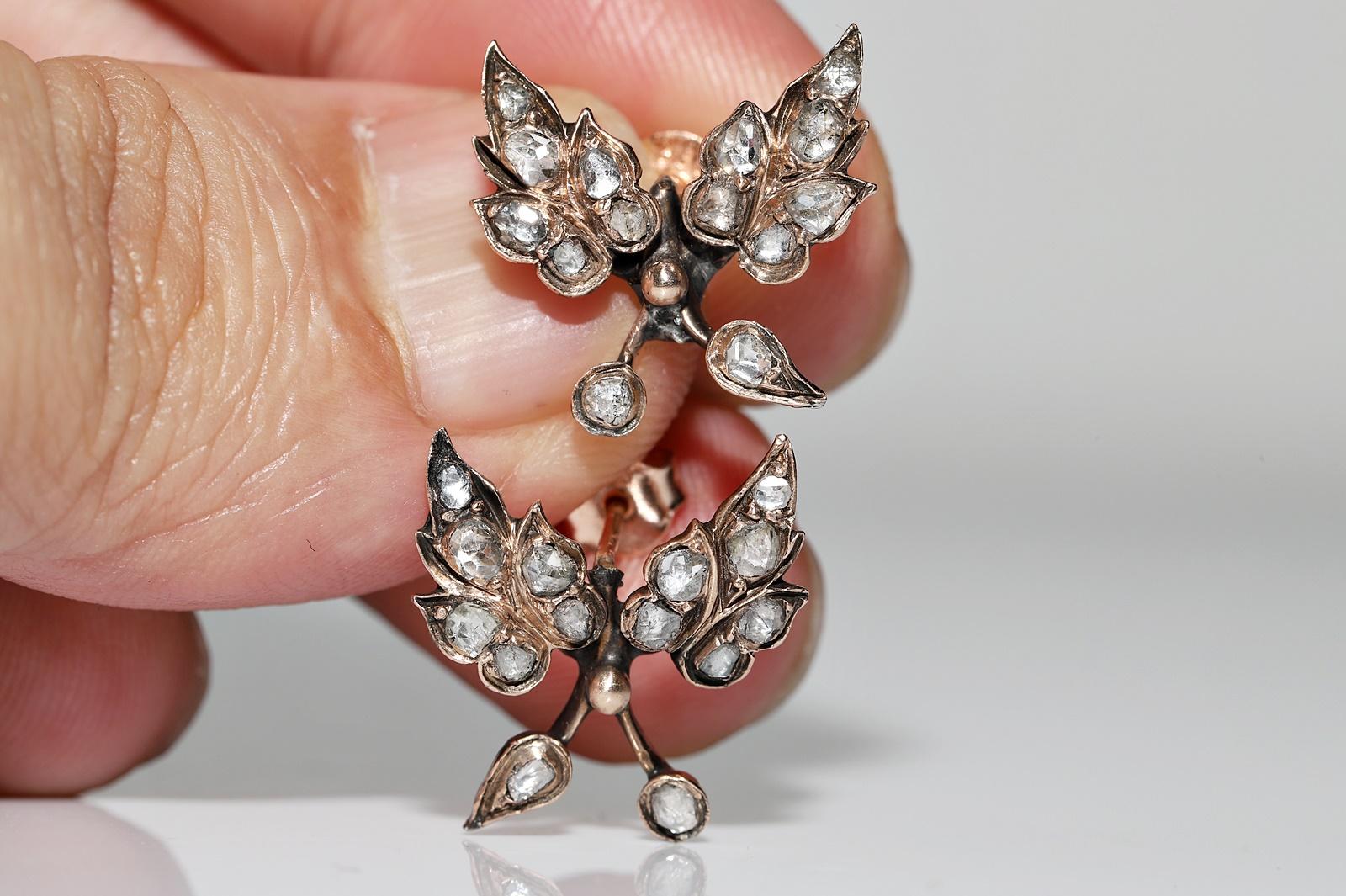 Boucles d'oreilles anciennes en or 8k Circa 1900, diamant naturel taillé en rose, style feuille en vente 7