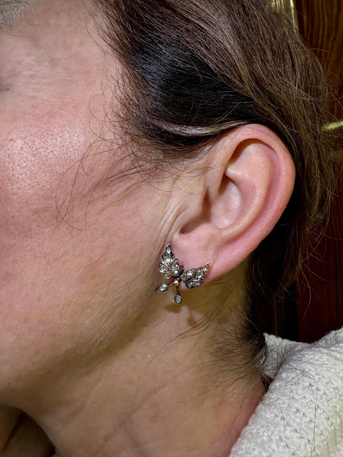 Boucles d'oreilles anciennes en or 8k Circa 1900, diamant naturel taillé en rose, style feuille en vente 8