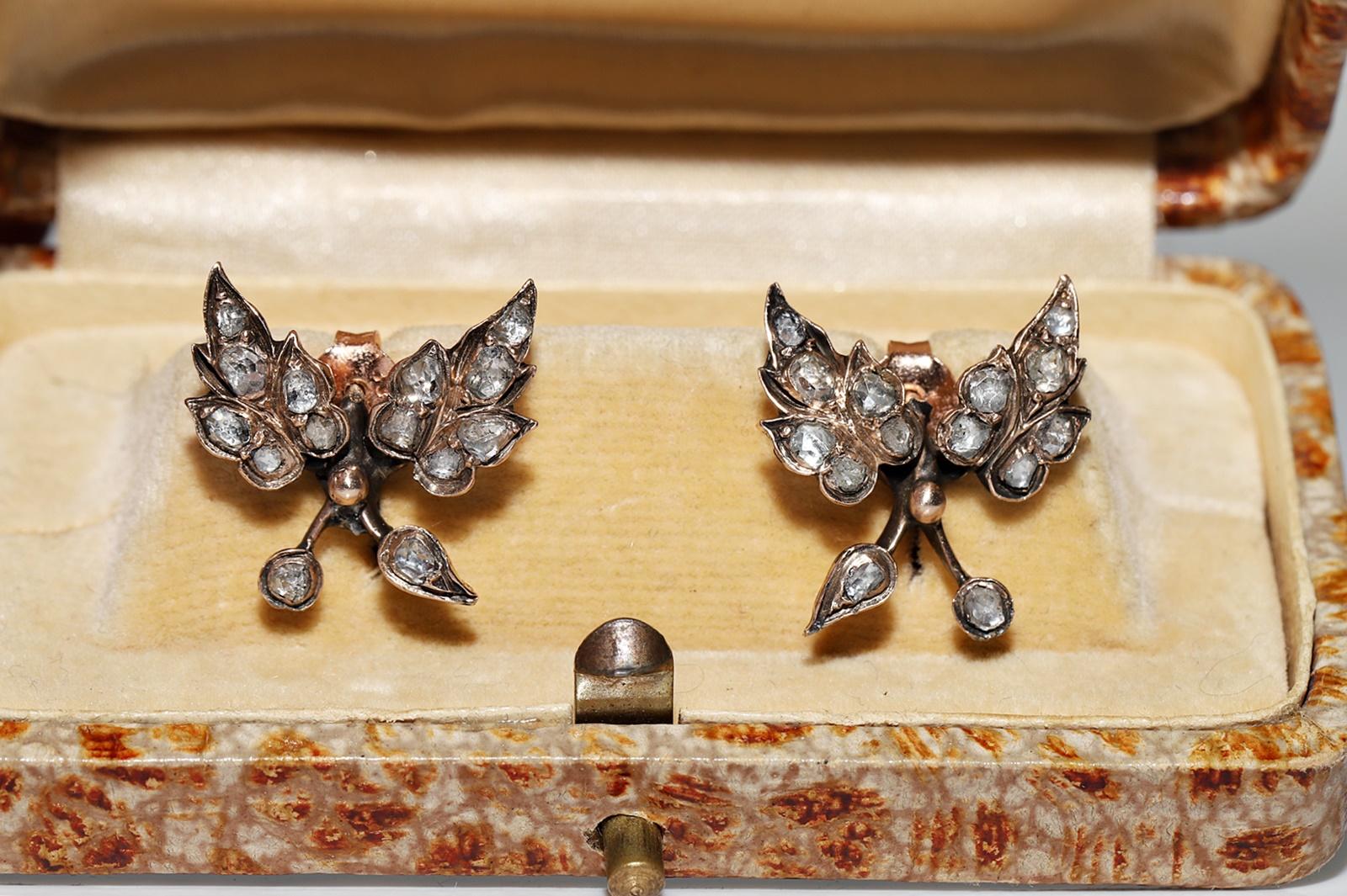 Antique Circa 1900s 8k Gold Natural Rose Cut Diamond Leaf Style Earring In Good Condition For Sale In Fatih/İstanbul, 34