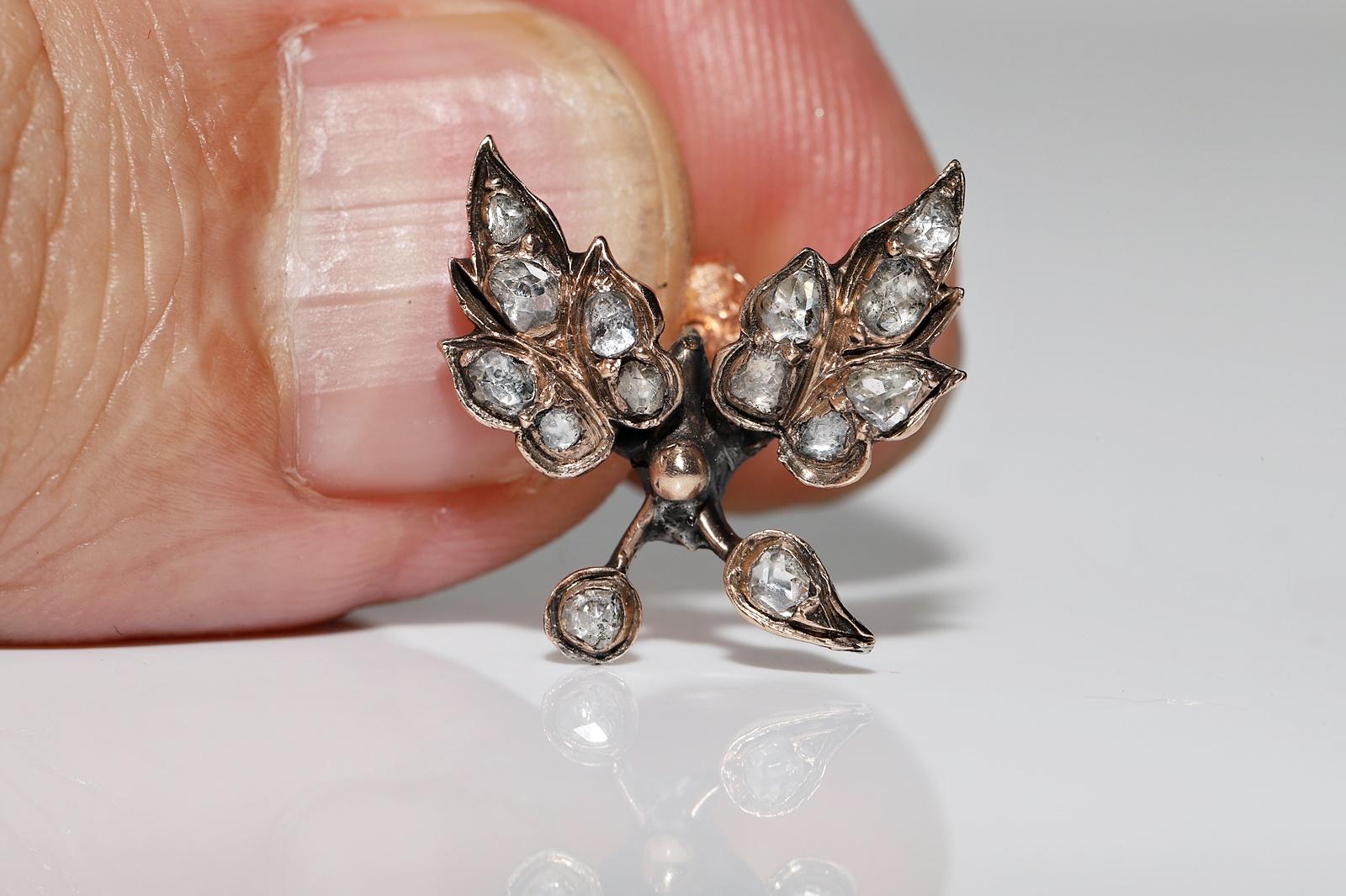 Boucles d'oreilles anciennes en or 8k Circa 1900, diamant naturel taillé en rose, style feuille Bon état - En vente à Fatih/İstanbul, 34