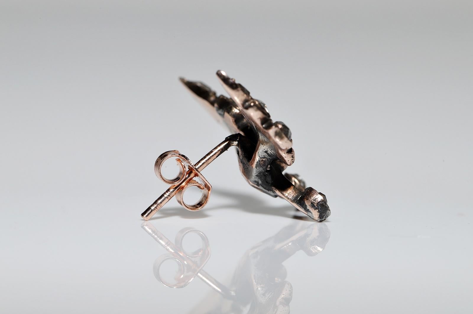 Antique Circa 1900s 8k Gold Natural Rose Cut Diamond Leaf Style Earring For Sale 1