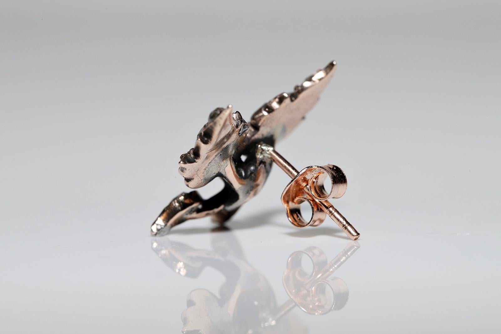 Antique Circa 1900s 8k Gold Natural Rose Cut Diamond Leaf Style Earring For Sale 2