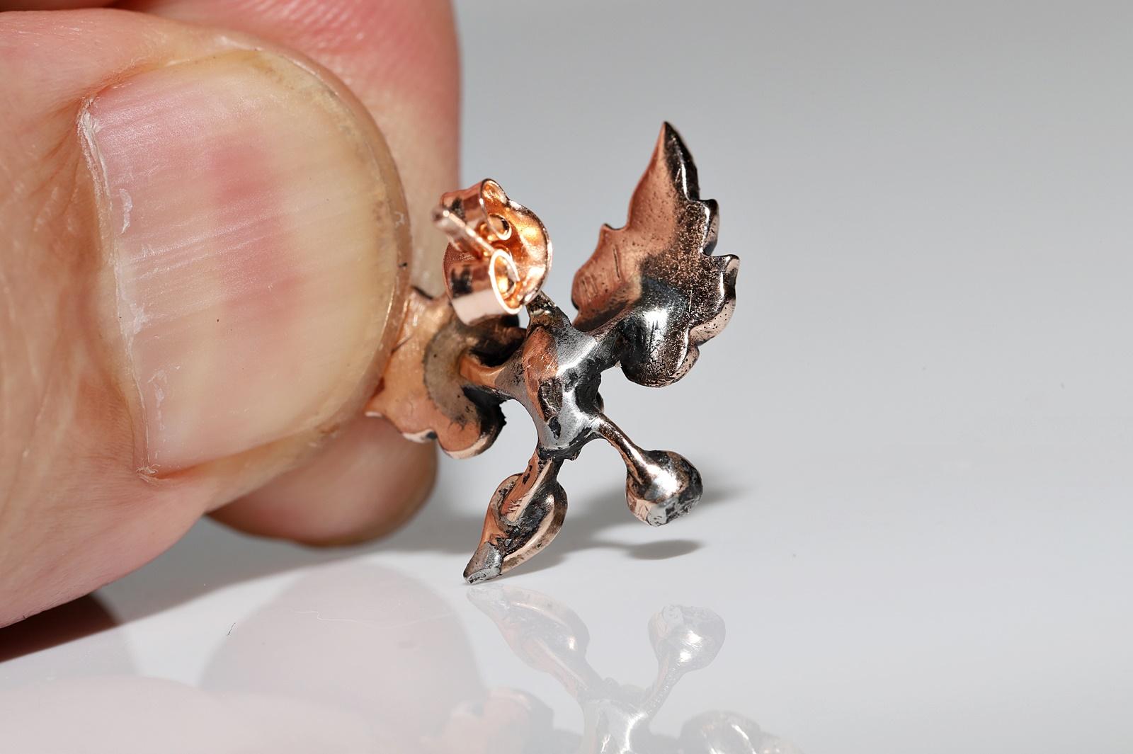 Boucles d'oreilles anciennes en or 8k Circa 1900, diamant naturel taillé en rose, style feuille en vente 2