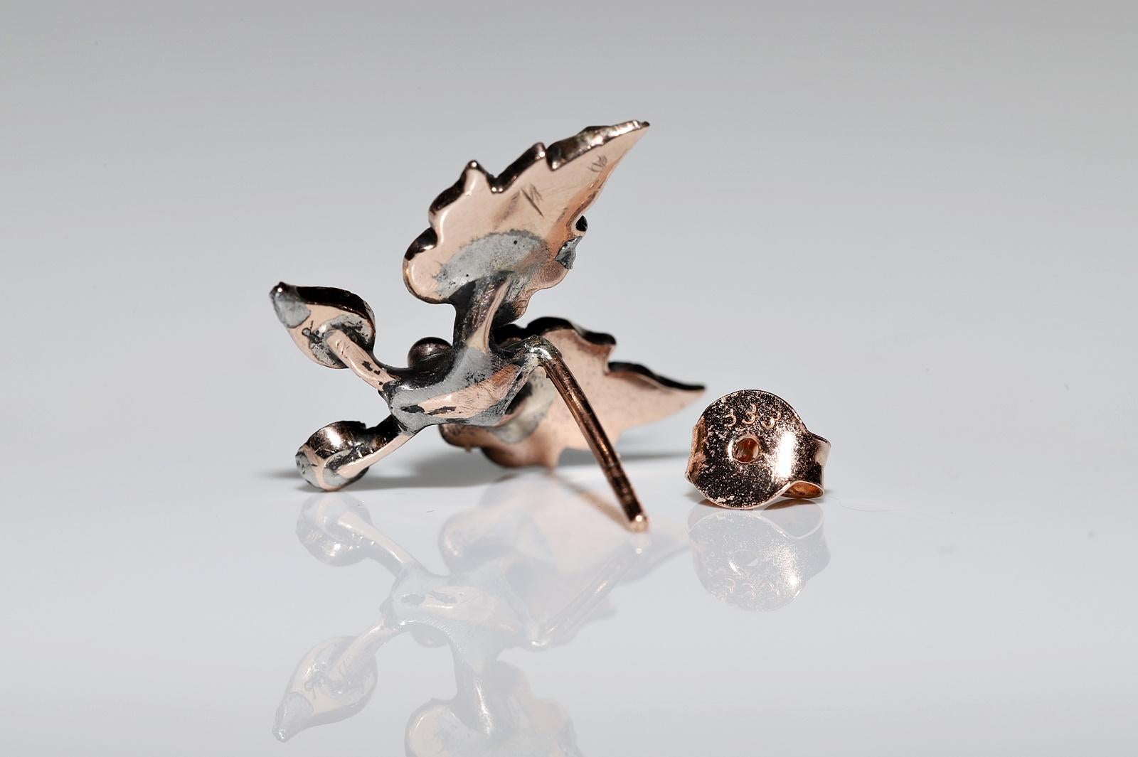 Boucles d'oreilles anciennes en or 8k Circa 1900, diamant naturel taillé en rose, style feuille en vente 3