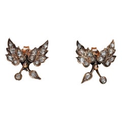 Antique Circa 1900s 8k Gold Natural Rose Cut Diamond Leaf Style Earring