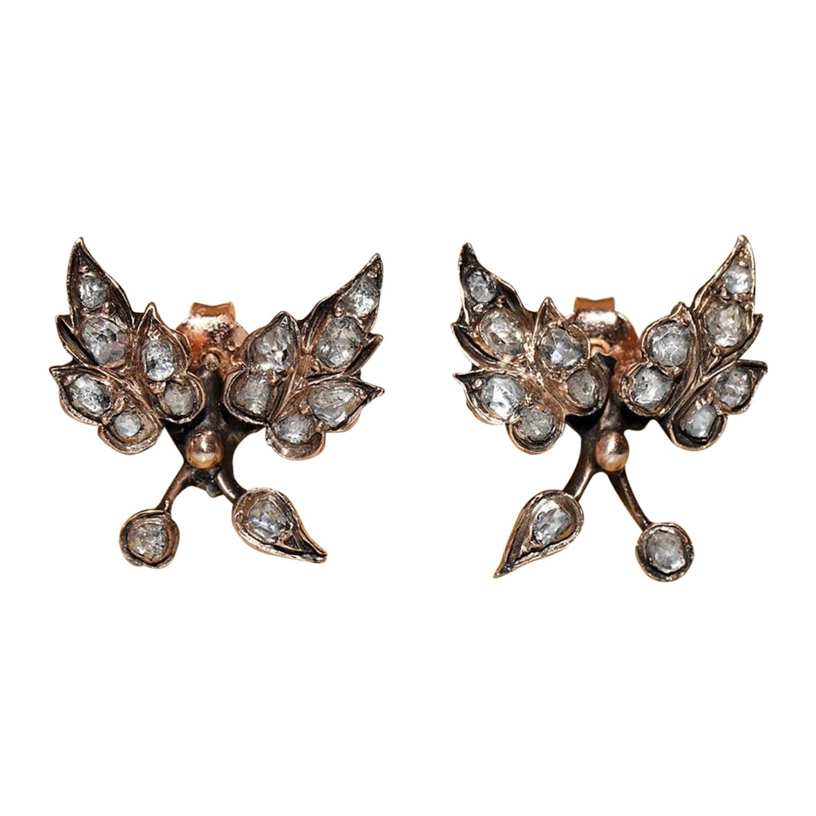 Antico orecchino a foglia con diamante naturale taglio rosa in oro 8k del 1900 CIRCA