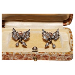Boucles d'oreilles anciennes en or 8k Circa 1900, diamant naturel taillé en rose, style feuille 