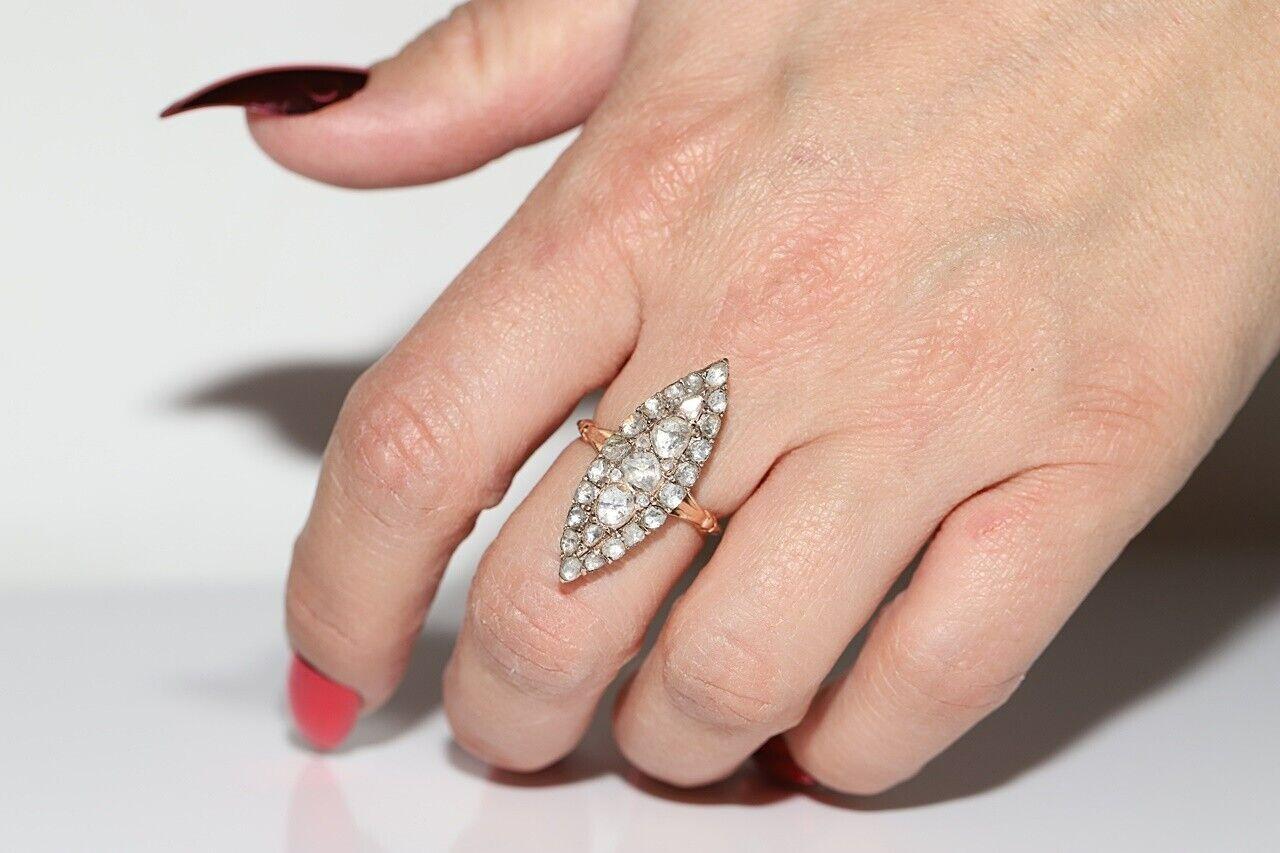 Antique Circa 1900s 8k Gold Natural Rose Cut Diamond Navette Ottoman Ring 7
