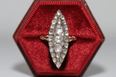 Antique Circa 1900s 8k Gold Natural Rose Cut Diamond Navette Ottoman Ring