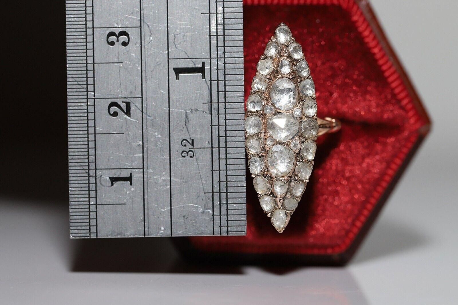 Antique Circa 1900s 8k Gold Natural Rose Cut Diamond Navette Ottoman Ring In Good Condition In Fatih/İstanbul, 34