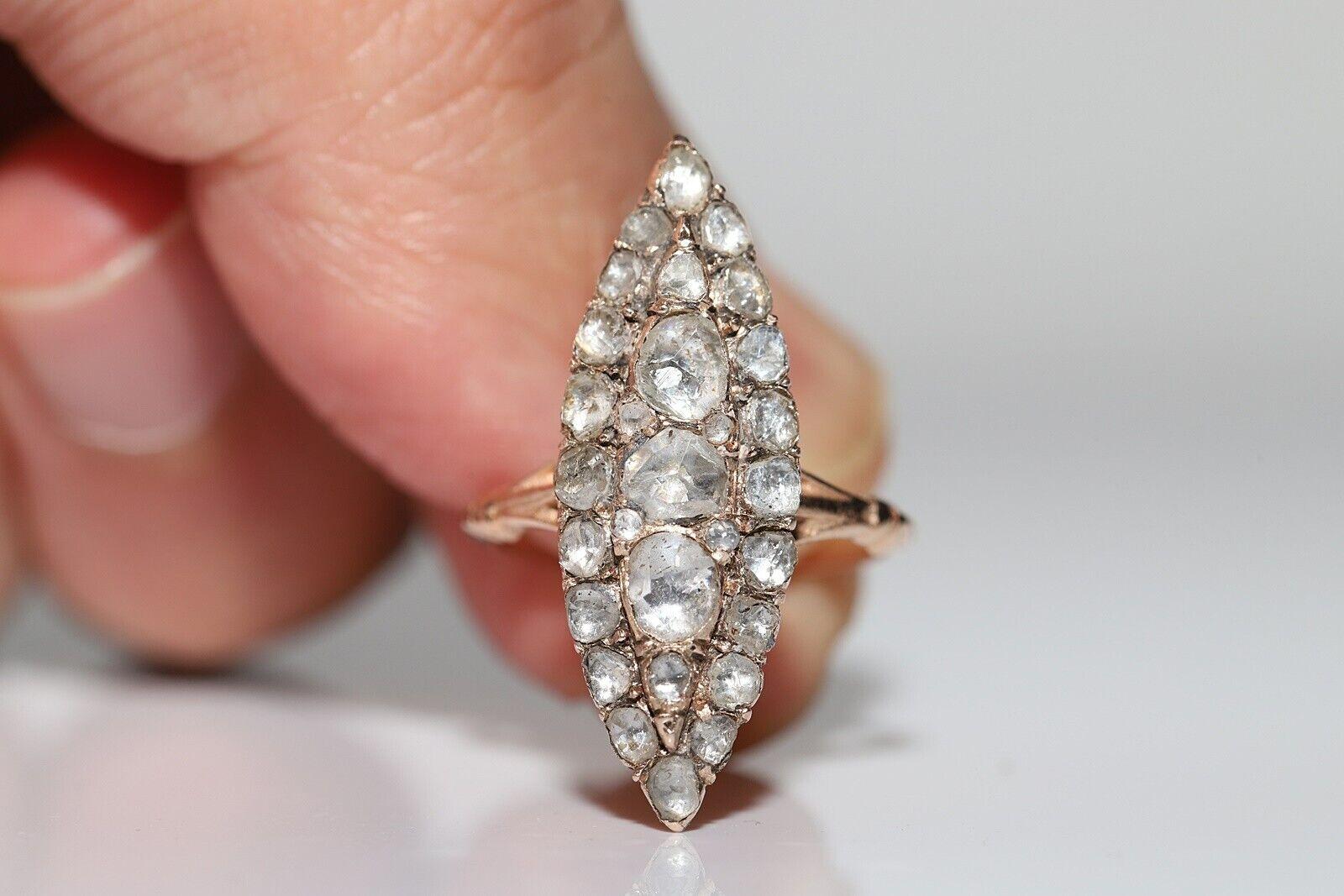 Women's Antique Circa 1900s 8k Gold Natural Rose Cut Diamond Navette Ottoman Ring