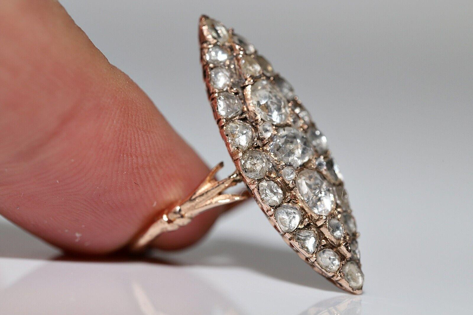 Antique Circa 1900s 8k Gold Natural Rose Cut Diamond Navette Ottoman Ring 2