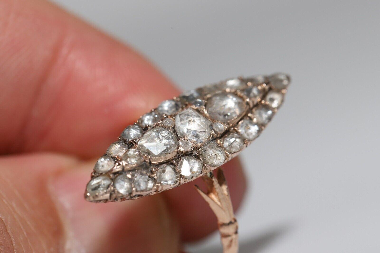 Antique Circa 1900s 8k Gold Natural Rose Cut Diamond Navette Ottoman Ring 3