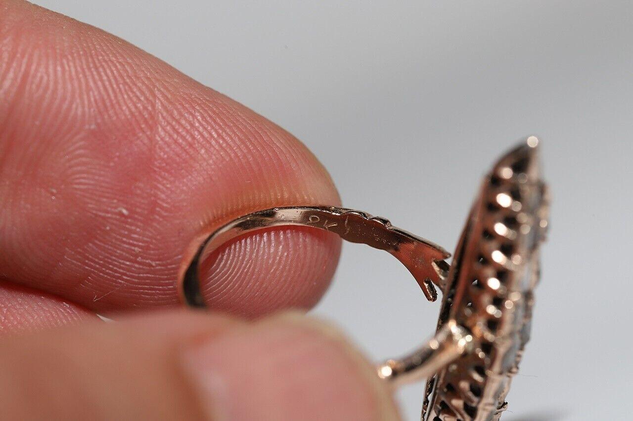 Antique Circa 1900s 8k Gold Natural Rose Cut Diamond Navette Ottoman Ring 4