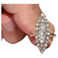 Antique Circa 1900s 8k Gold Natural Rose Cut Diamond Navette Ottoman Ring