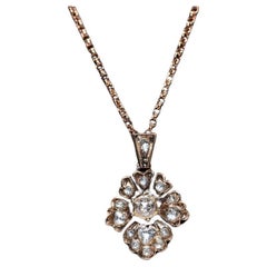 Antique Circa 1900s 8k Gold Natural Rose Cut Diamond Pendant Necklace