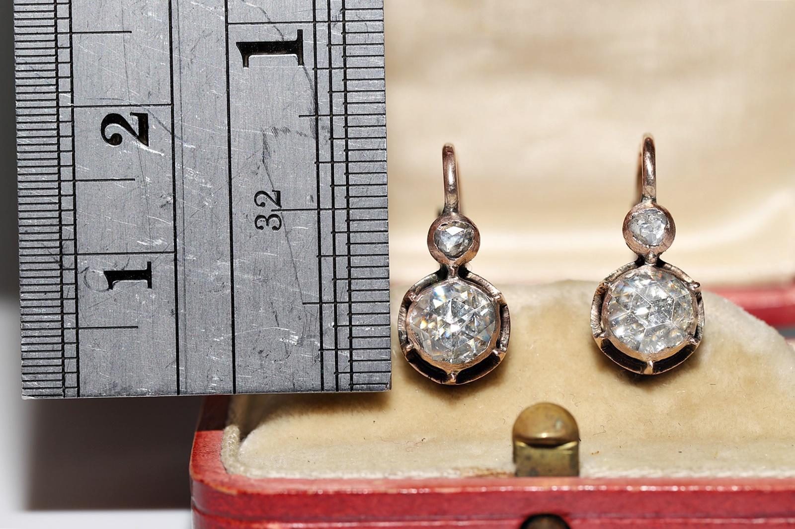 Antique Circa 1900s 8k Gold Natural Rose Cut Diamond Solitaire Earring In Good Condition In Fatih/İstanbul, 34