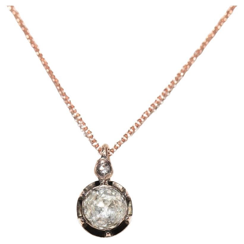 Antique Circa 1900s 8k Gold Natural Rose Cut Diamond Solitaire Pendant Necklace For Sale