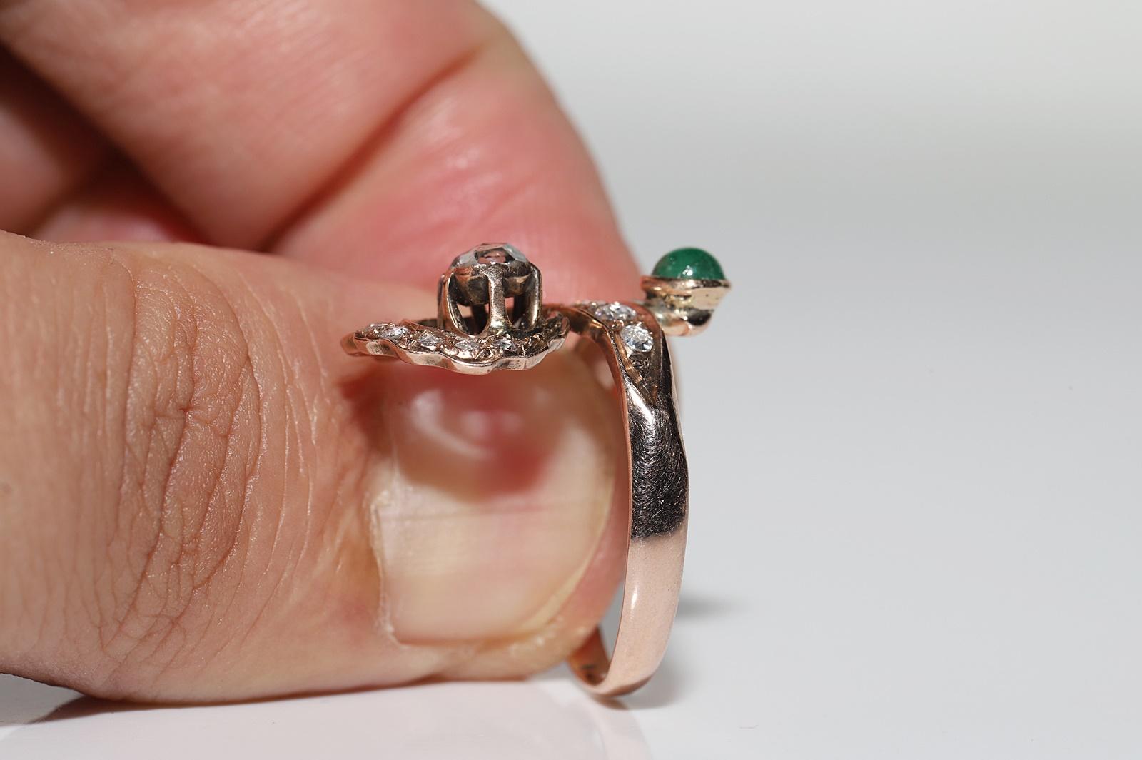 Antike CIRCA 1900s 8k Gold Ottoman Natural Rose Cut Diamant und Smaragd Ring  im Angebot 7