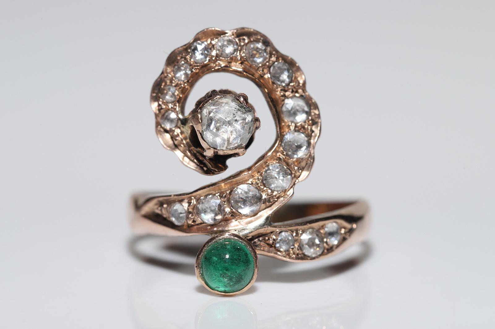 Victorian Antique Circa 1900s 8k Gold Ottoman Natural Rose Cut Diamond And Emerald Ring  For Sale