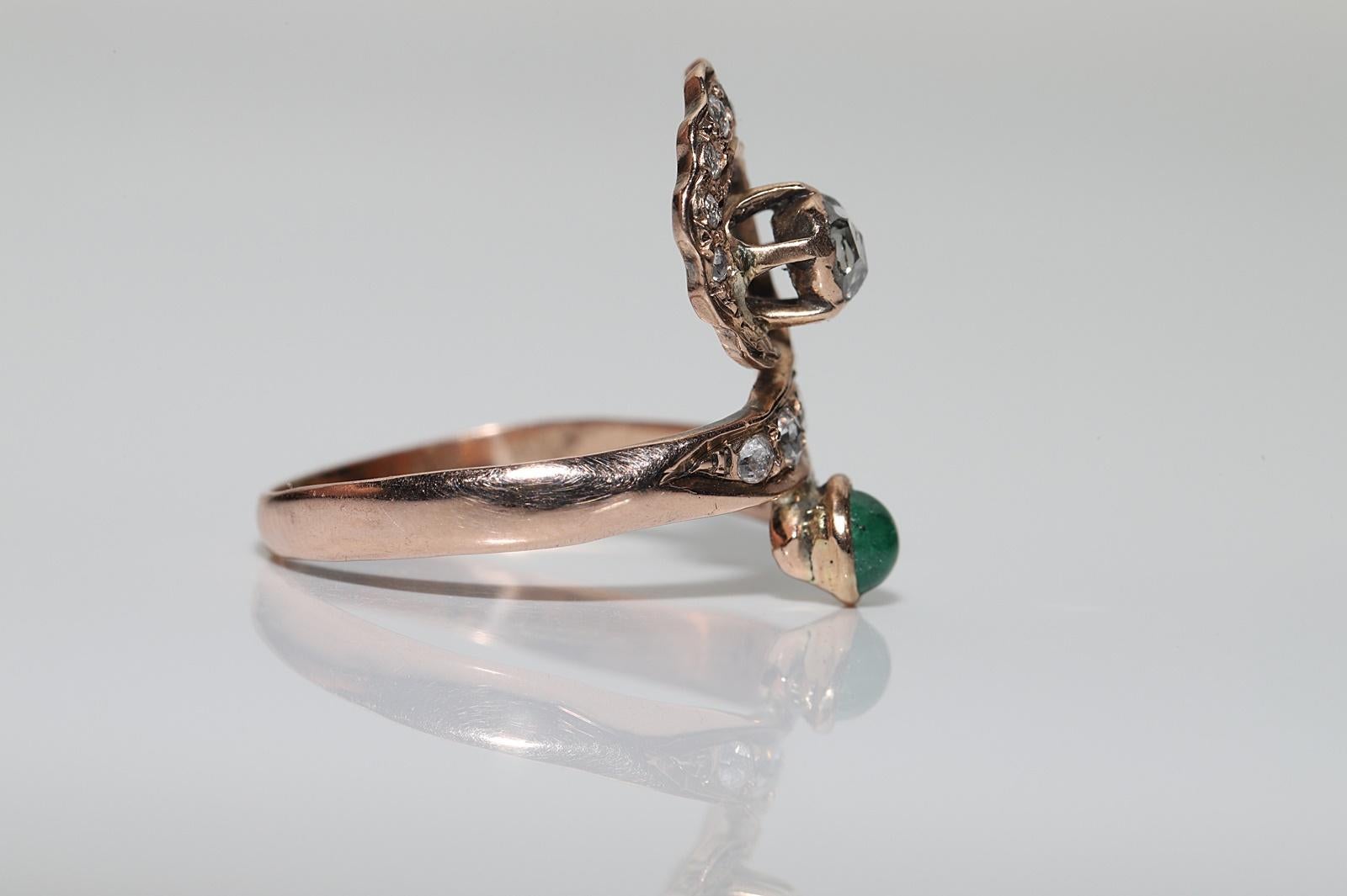 Antike CIRCA 1900s 8k Gold Ottoman Natural Rose Cut Diamant und Smaragd Ring  Damen im Angebot