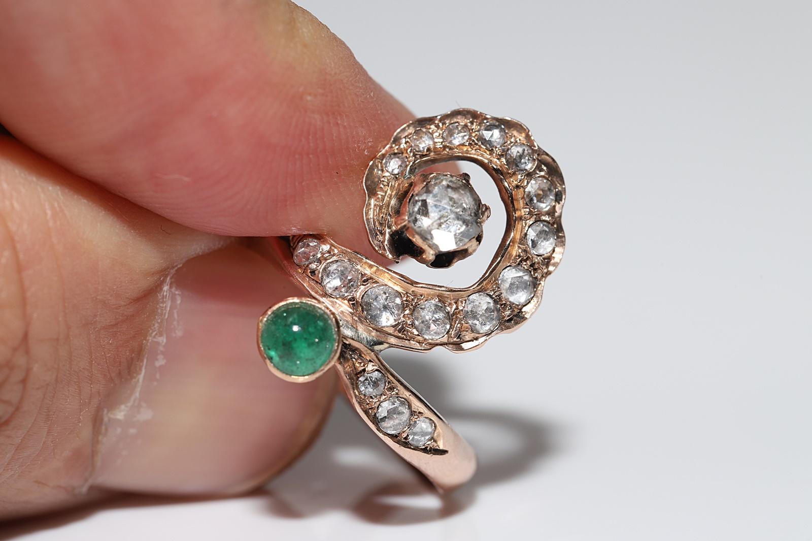 Antike CIRCA 1900s 8k Gold Ottoman Natural Rose Cut Diamant und Smaragd Ring  im Angebot 3