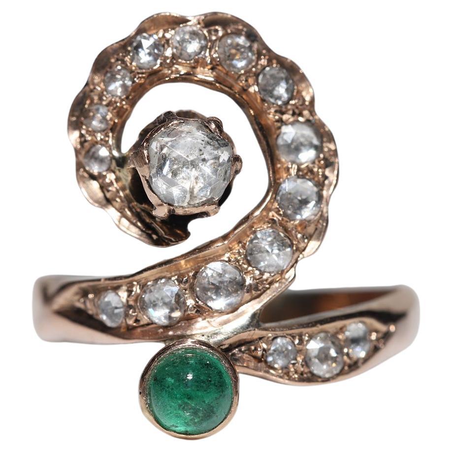 Antique Circa 1900s 8k Gold Ottoman Natural Rose Cut Diamond And Emerald Ring 