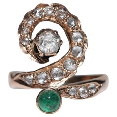 Antique Circa 1900s 8k Gold Ottoman Natural Rose Cut Diamond And Emerald Ring 