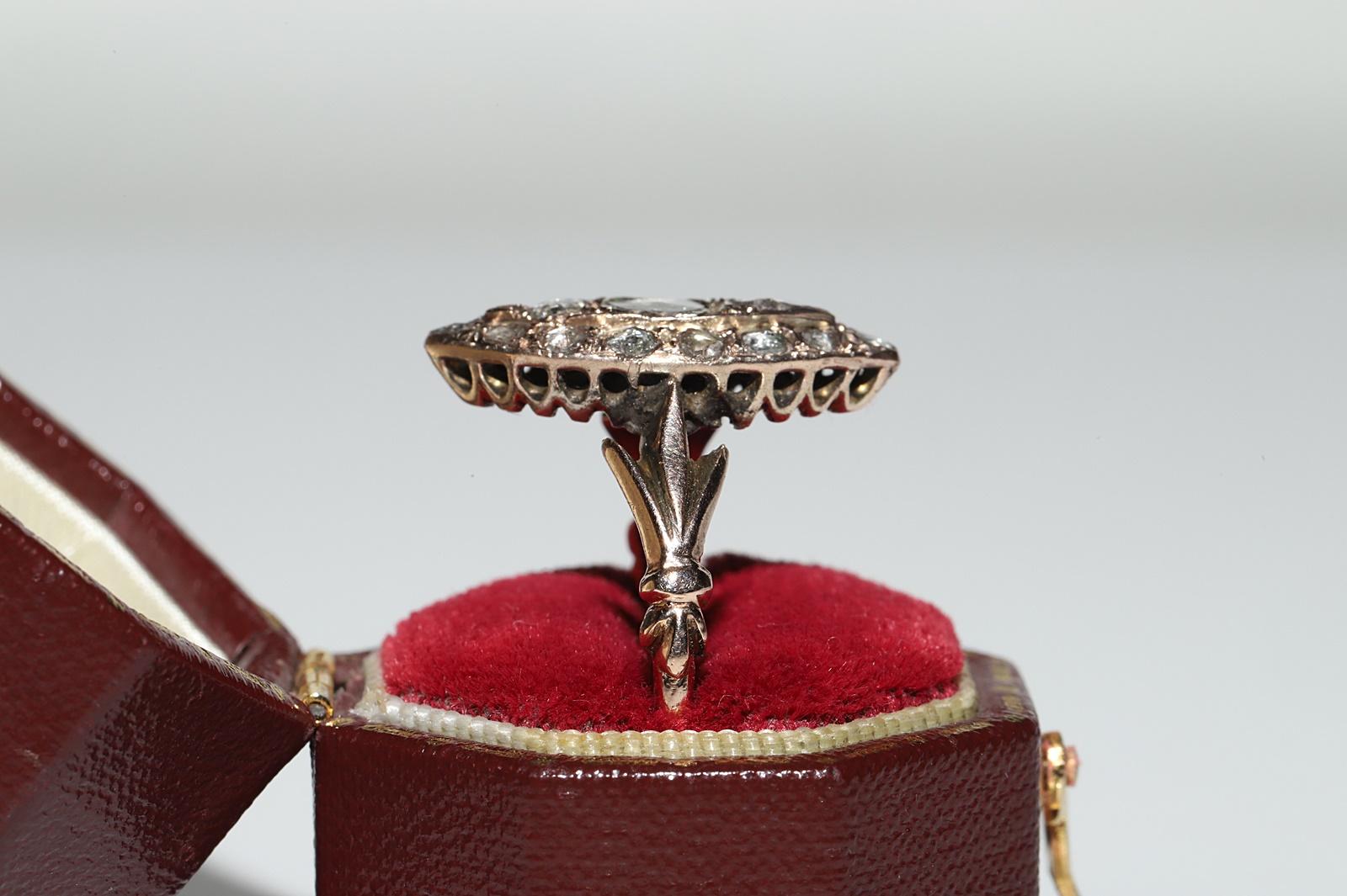Victorian Antique Circa 1900s 8k Gold Ottoman Natural Rose Cut Diamond Navette Ring For Sale
