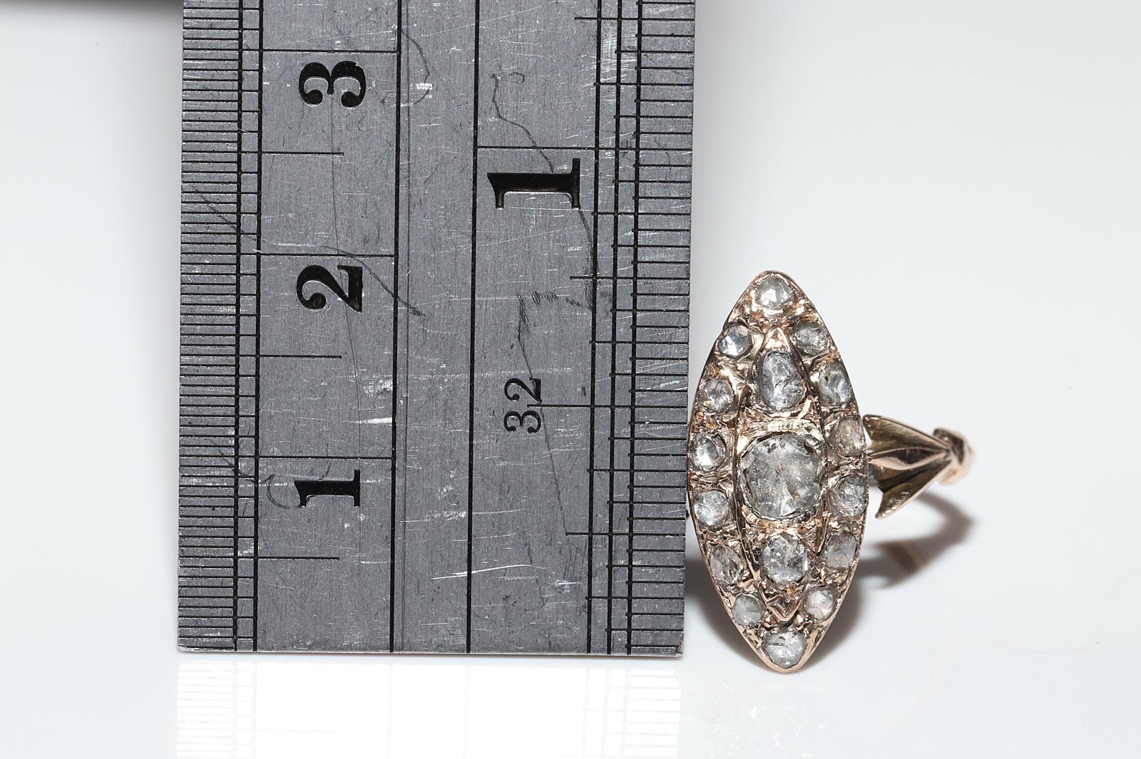 Women's Antique Circa 1900s 8k Gold Ottoman Natural Rose Cut Diamond Navette Ring For Sale