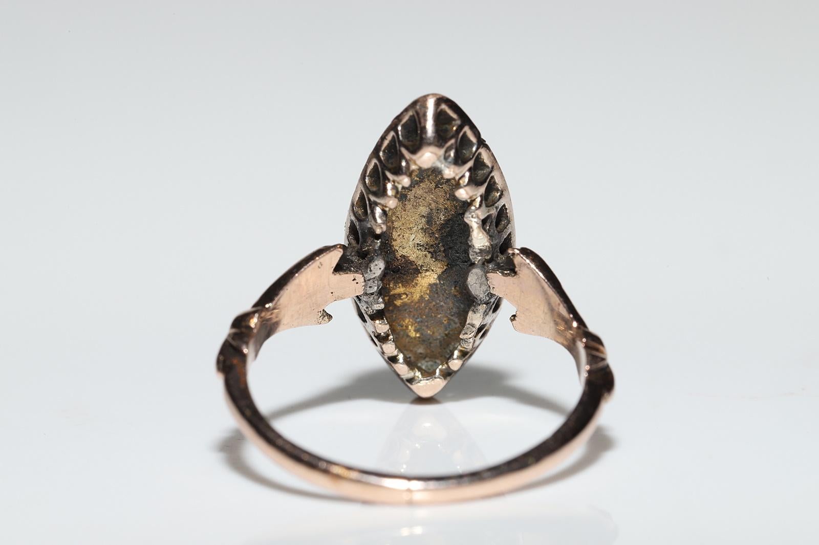 Antique Circa 1900s 8k Gold Ottoman Natural Rose Cut Diamond Navette Ring For Sale 3