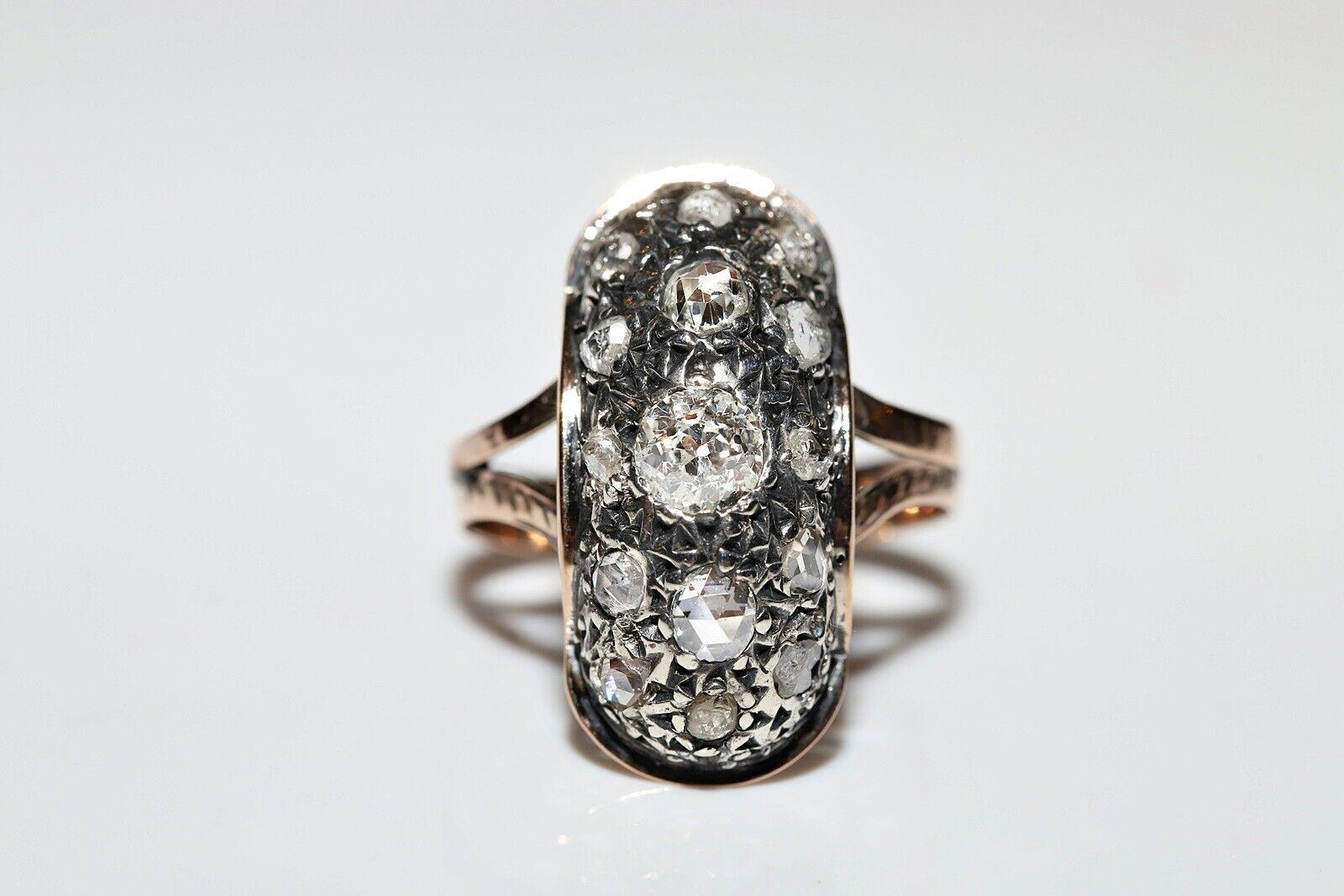 Antique Circa 1900s 8k Gold Top Silver Natural Diamond Decorated Navette Ring For Sale 4