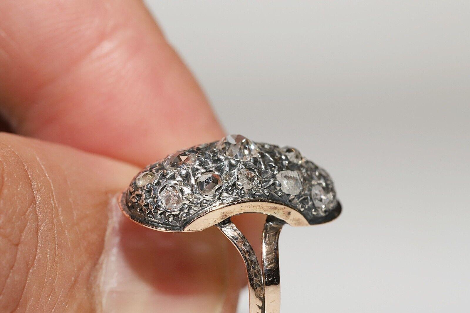 Victorian Antique Circa 1900s 8k Gold Top Silver Natural Diamond Decorated Navette Ring For Sale