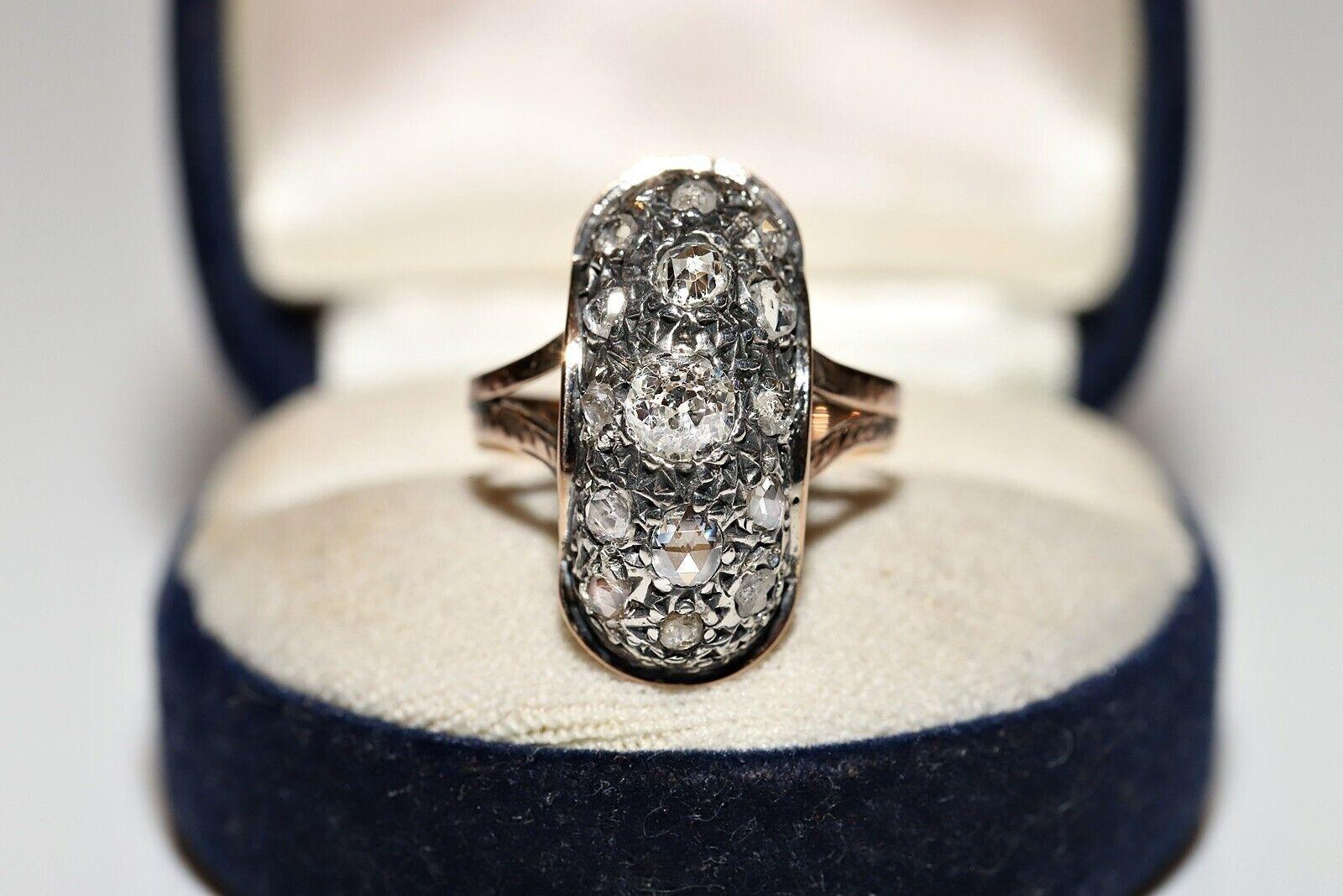 Antique Circa 1900s 8k Gold Top Silver Natural Diamond Decorated Navette Ring For Sale 3